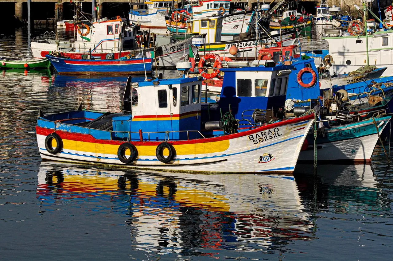 Colourful wooden fishing boats with life rings moored in the harbour at Sesimbra, reflected in still water