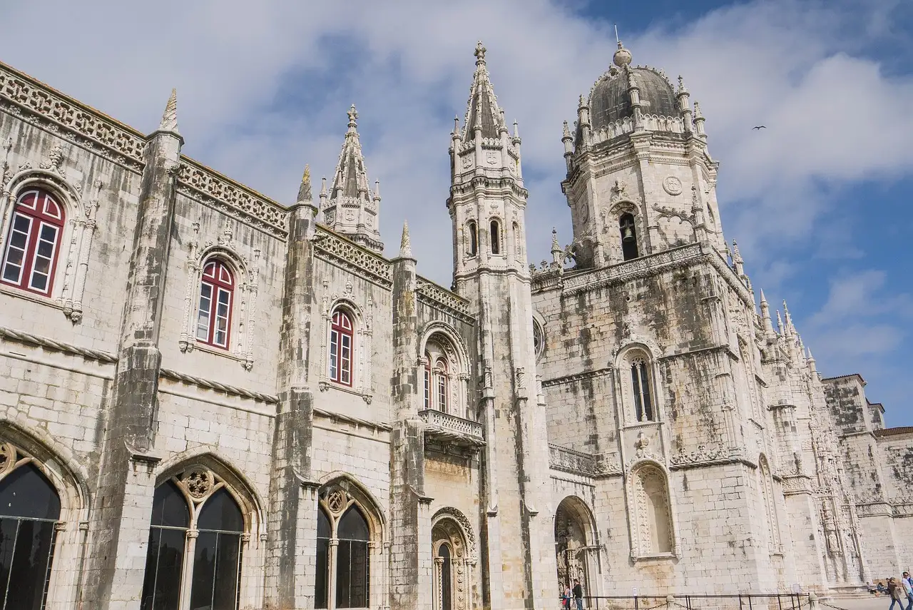 Ornate Manueline facade and towers of Jerónimos Monastery in Belém, Lisbon