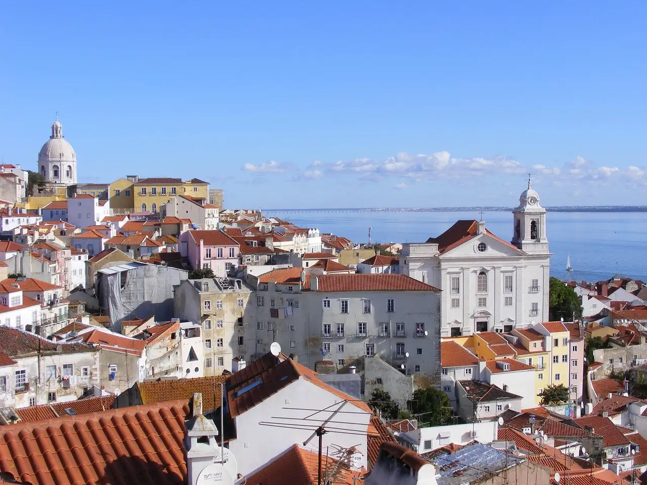 Alfama rooftops and a white church with the Tagus river behind