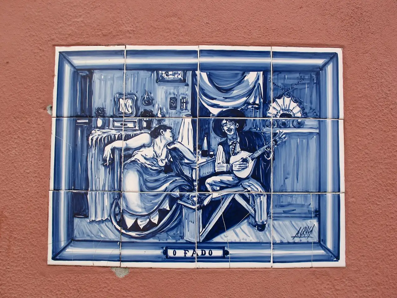 A blue-and-white azulejo tile panel showing fado musicians and a singer